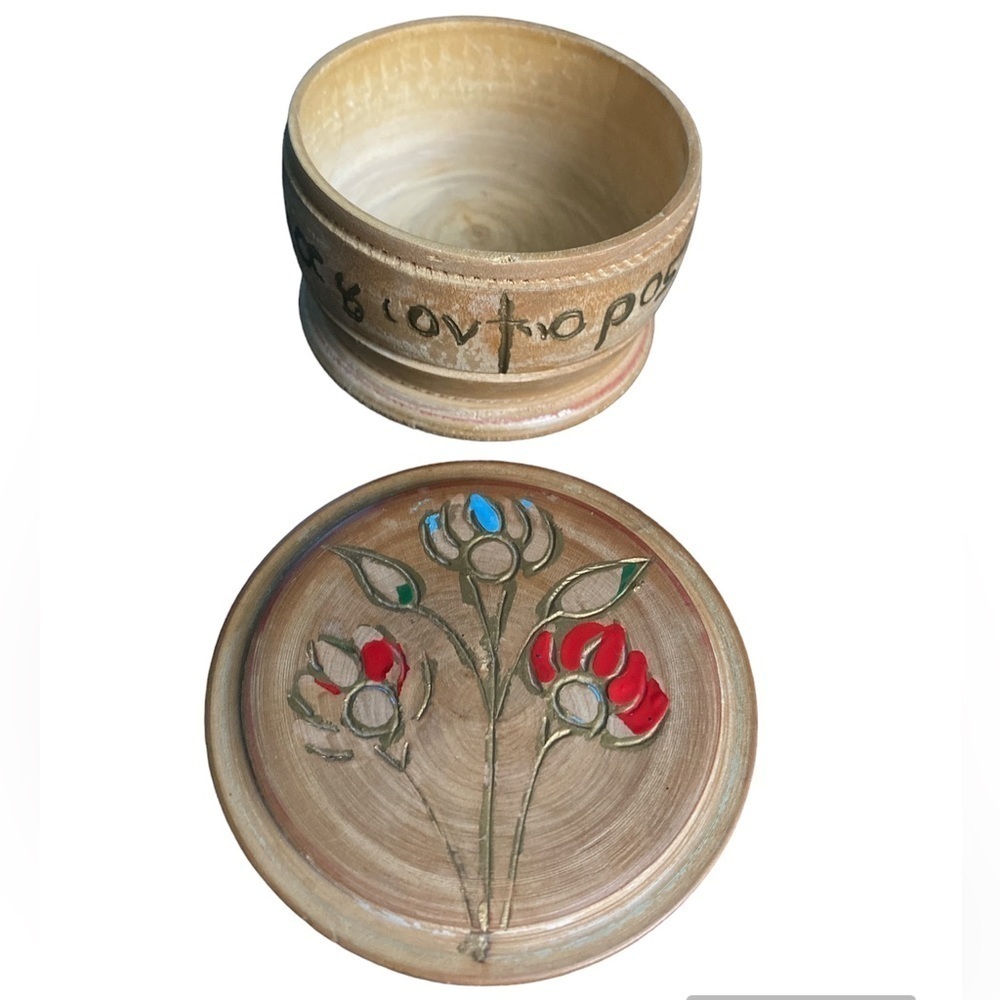 Handmade wooden trinket dish with lid hand painted